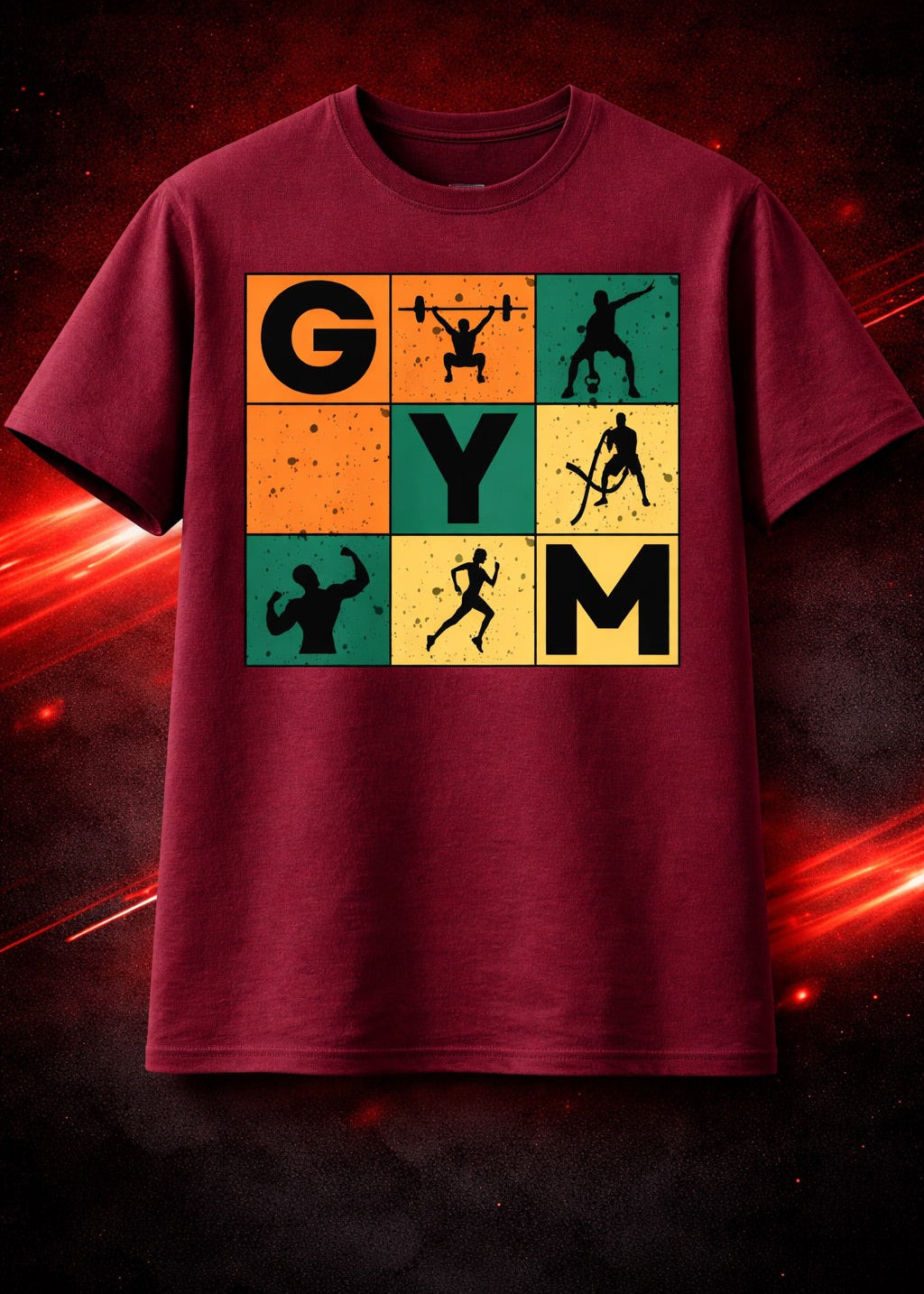 Maroon t-shirt with gym-themed design on a dark background