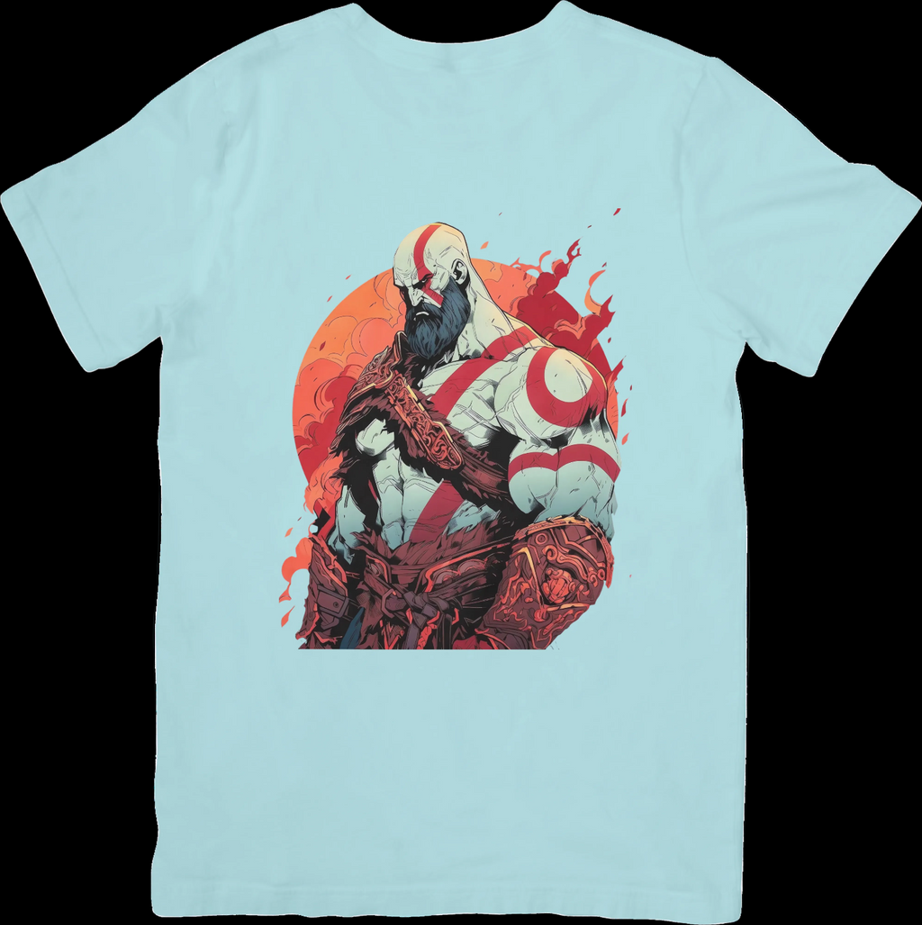 Light blue t-shirt with a warrior graphic on a white background