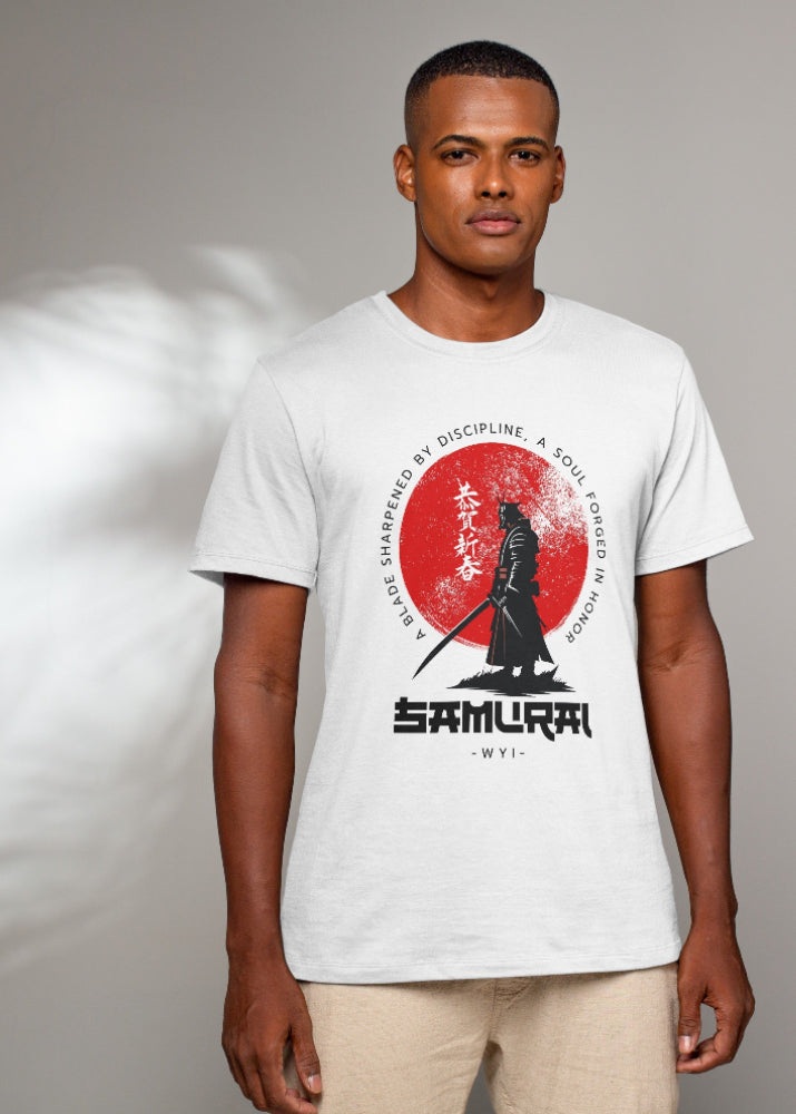 Man wearing a white t-shirt with a Samurai design on a gray background