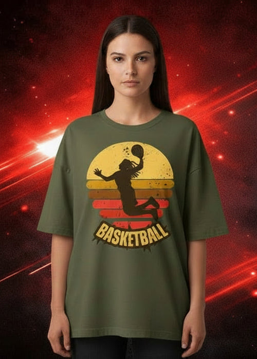 Green t-shirt with basketball graphic and 'Basketball' text on a dark red background