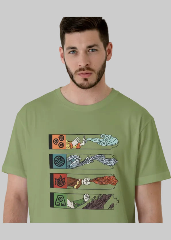 Man wearing a green t-shirt with graphic design in a minimalistic room