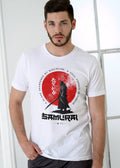 Man wearing a white t-shirt with a Samurai design on a light background