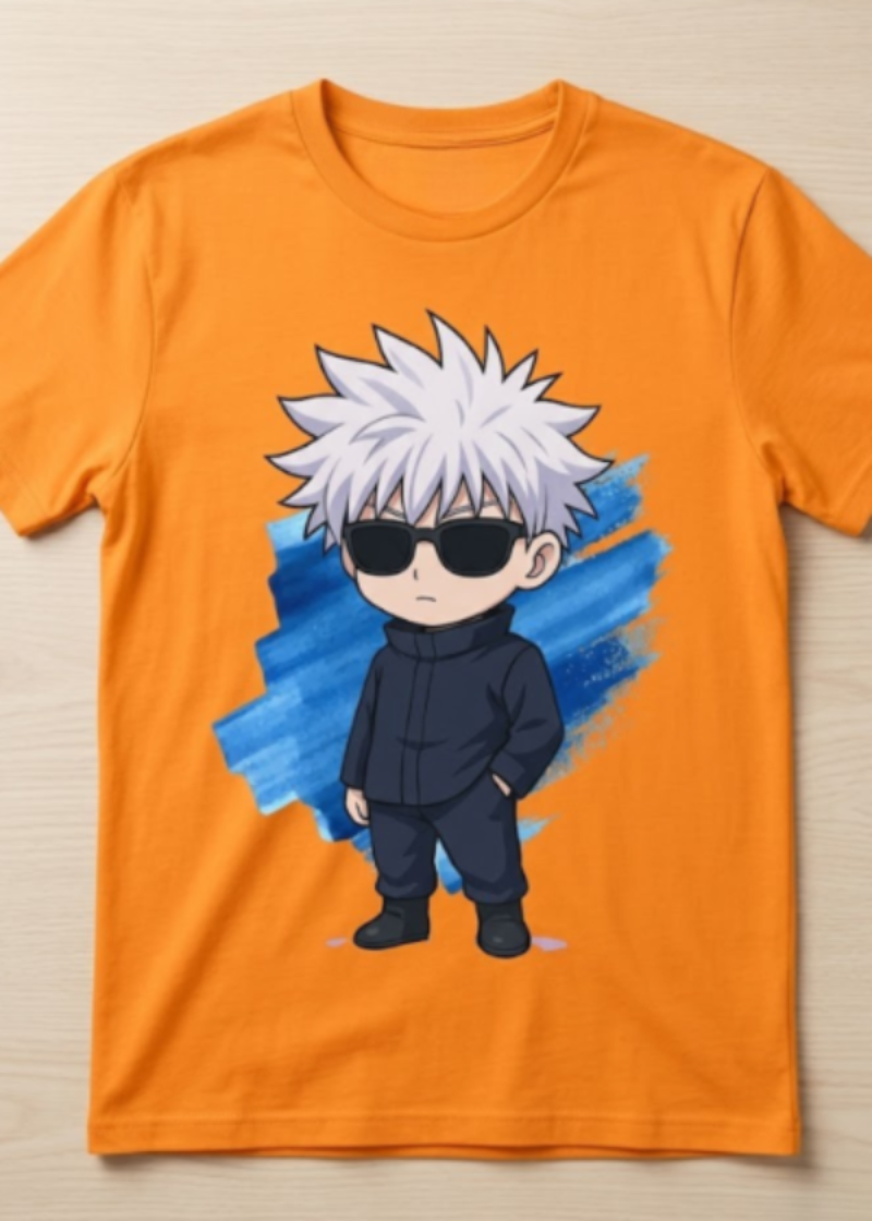 Orange t-shirt with a cartoon character wearing sunglasses on a beige background