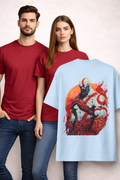 Male and female wearing wyi essential red t-shirts with a oversize blue t-shirt featuring a god of war rage graphic design printed on the back.
