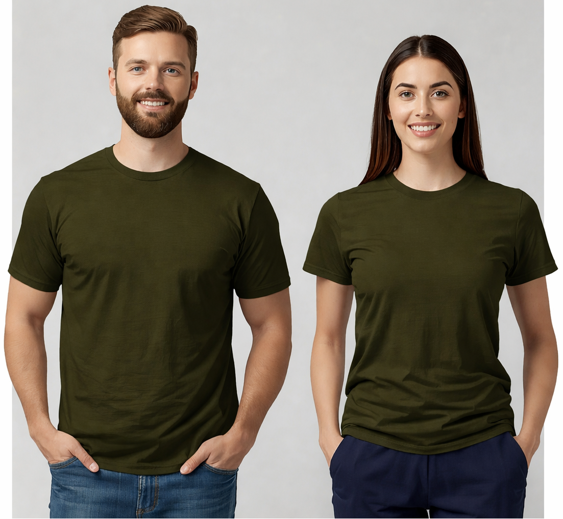 Two people wearing wyi basics army green t-shirts against a plain background