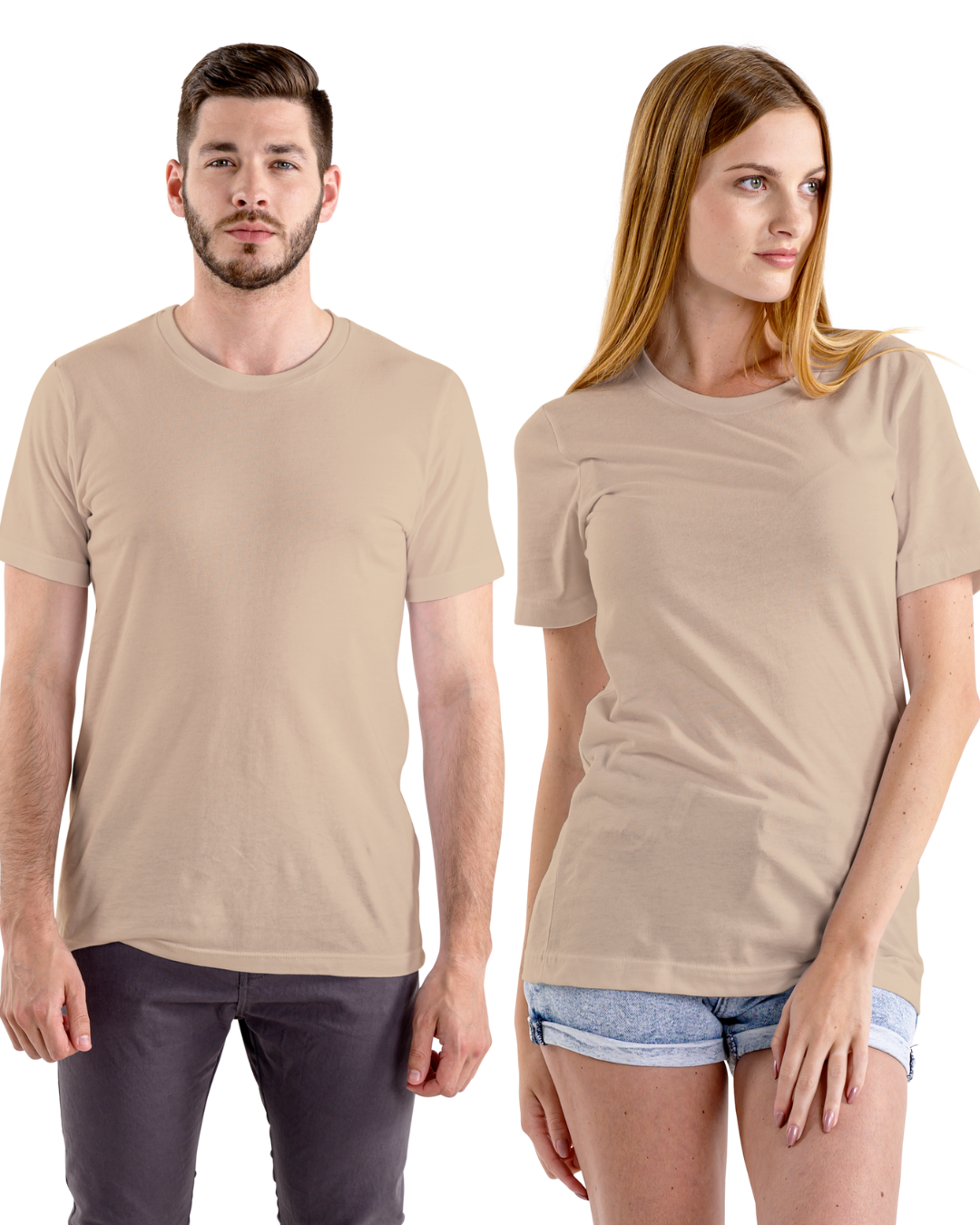 Man and woman wearing wyi basics beige t-shirts on a white background