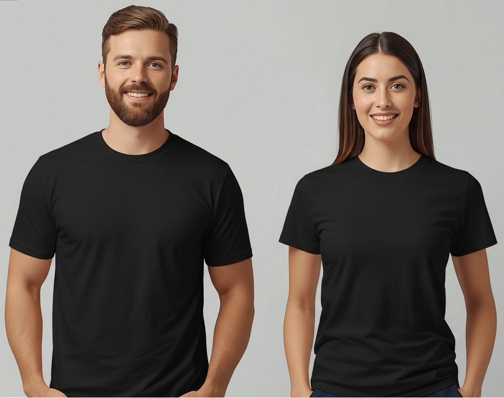 Two people wearing wyi basics black t-shirts against a gray background