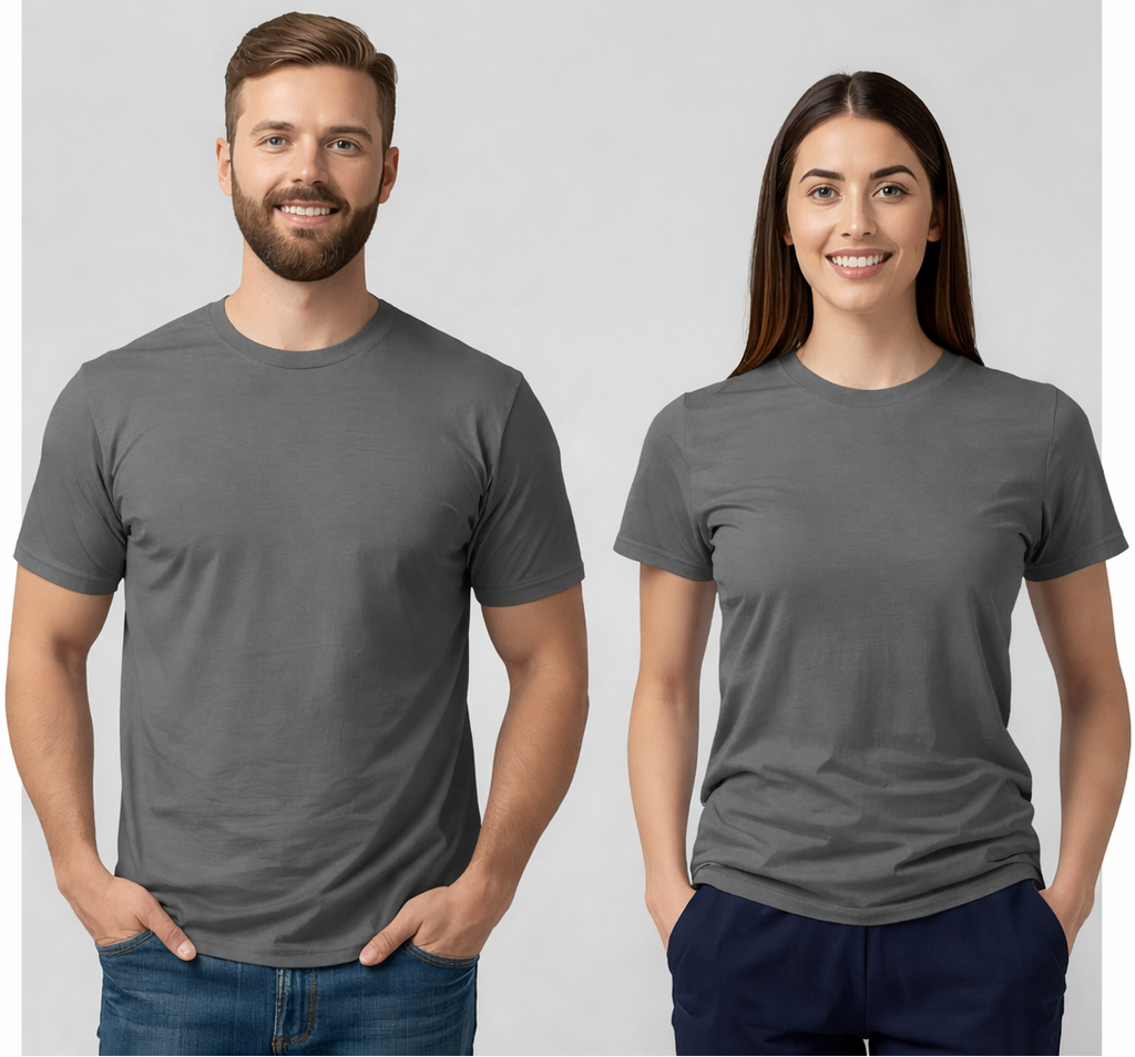 Two people wearing wyi basics gray t-shirts against a plain background