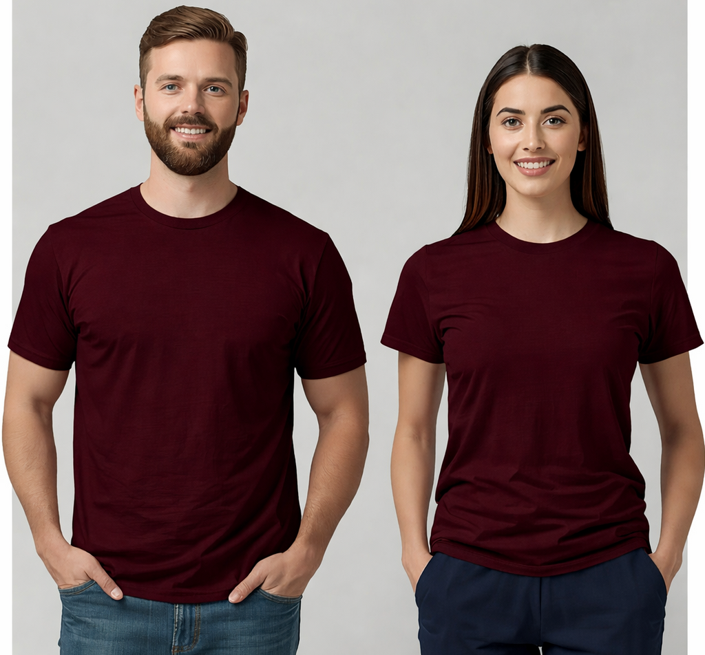 Two people wearing wyi basics maroon t-shirts against a plain background