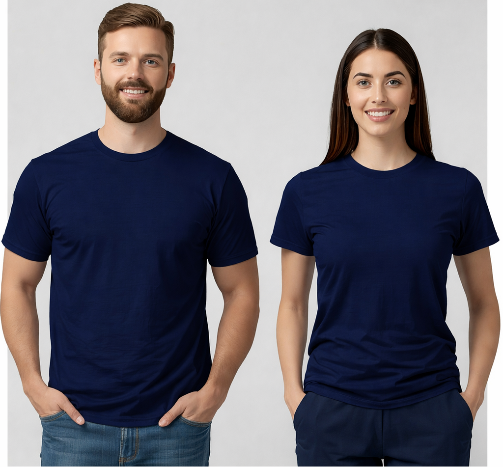 Two people wearing wyi basics navy blue t-shirts against a light gray background