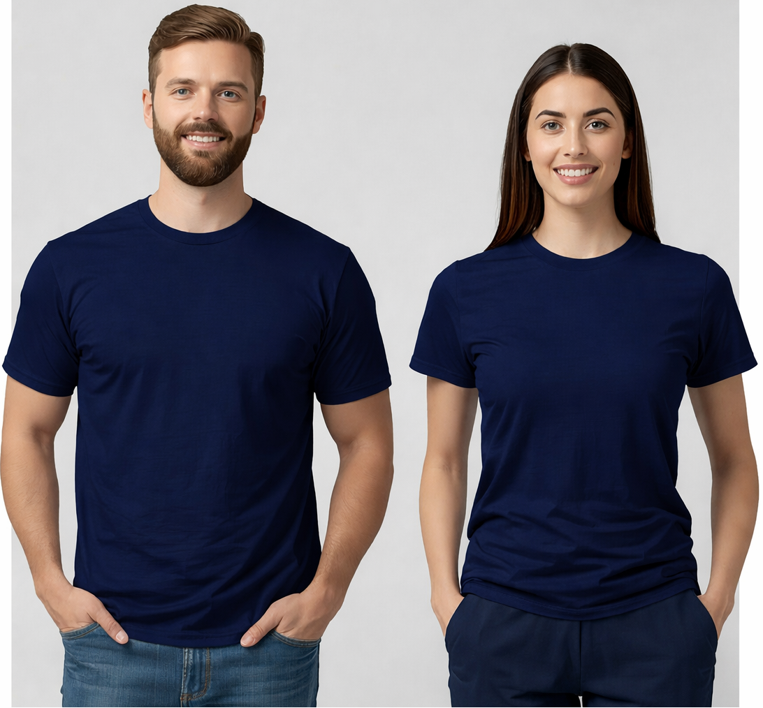 Two people wearing wyi basics navy blue t-shirts against a light gray background