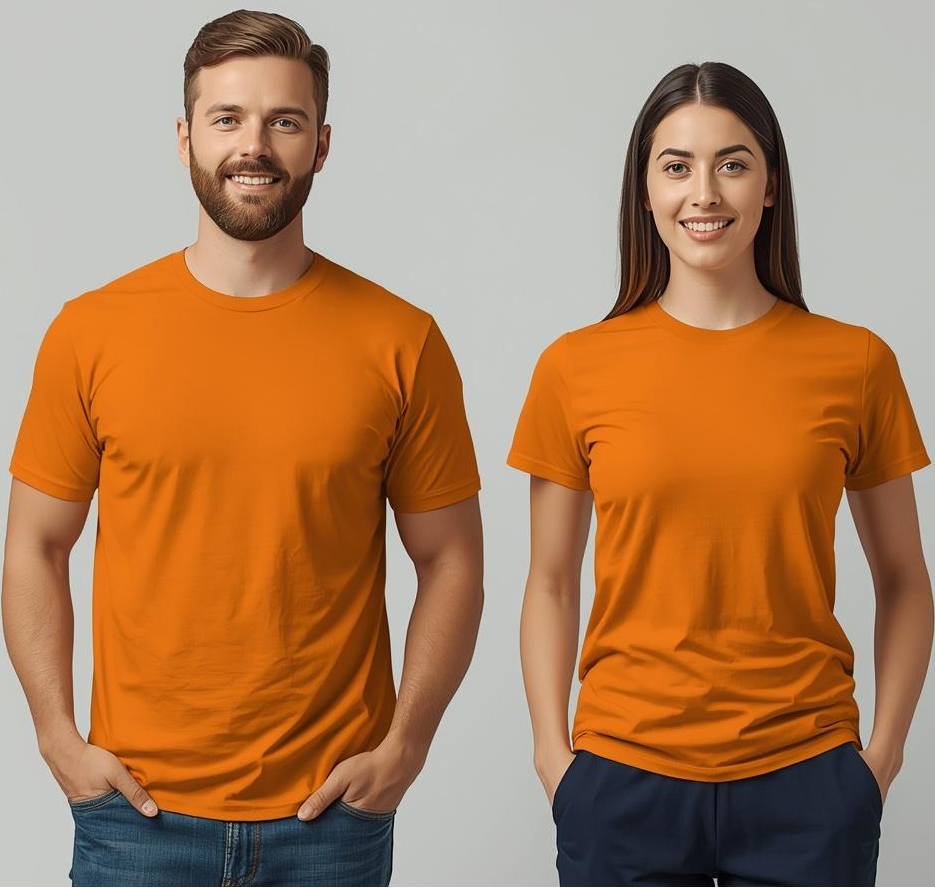 Two people wearing wyi basics orange t-shirts against a gray background