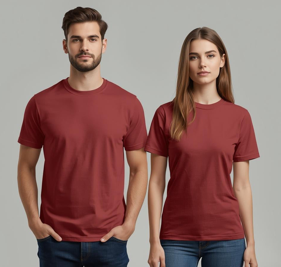 Two people wearing wyi basics red t-shirts against a gray background