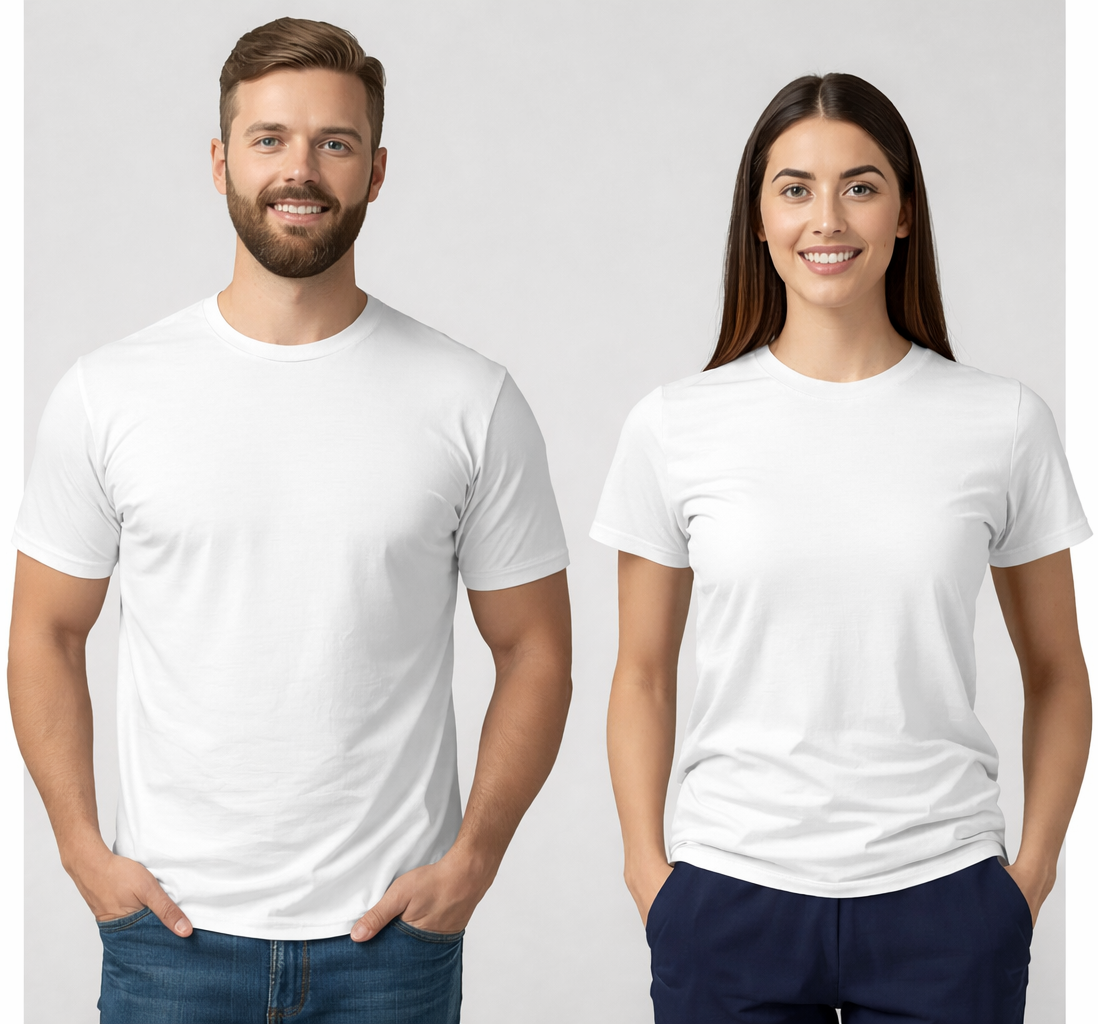 Two people wearing wyi basics plain white t-shirts against a light gray background