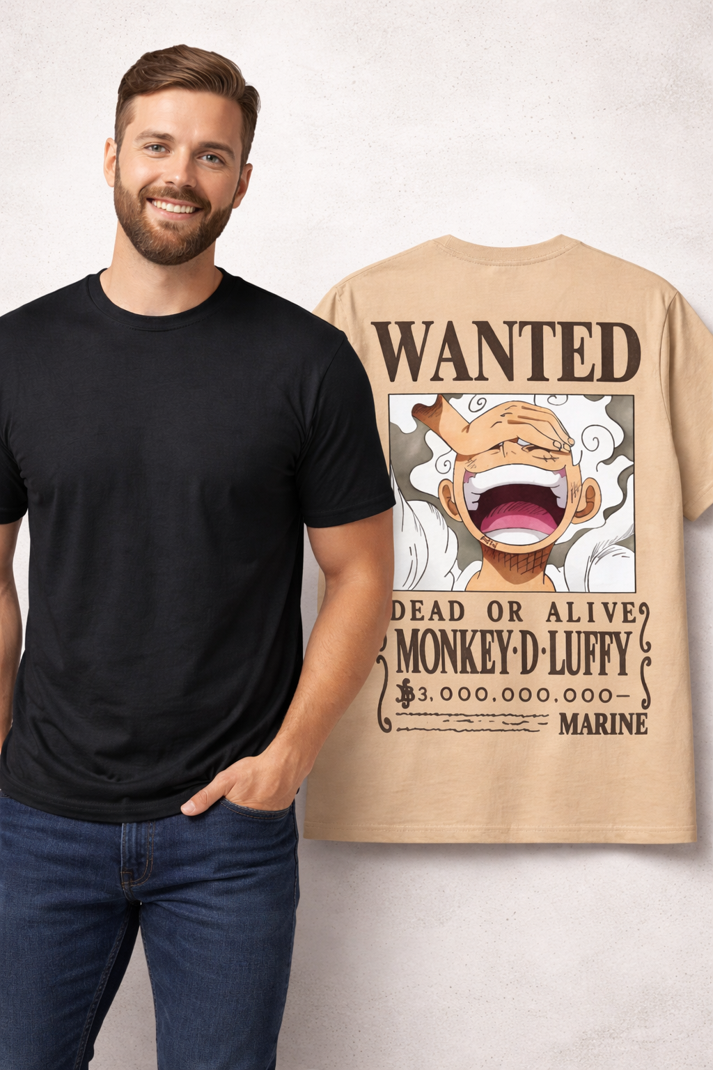 Man wearing a black t-shirt with a 'Wanted' poster design on a beige oversize t-shirt of WYI combo pack