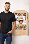 Man wearing a black t-shirt with a 'Wanted' poster design on a beige oversize t-shirt of WYI combo pack