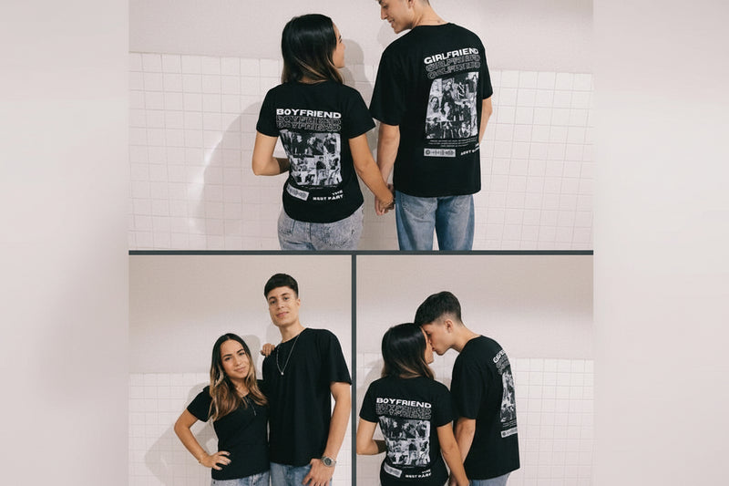Two people wearing matching black t-shirts with 'Boyfriend' and 'Girlfriend' text and photo collage on a plain background.