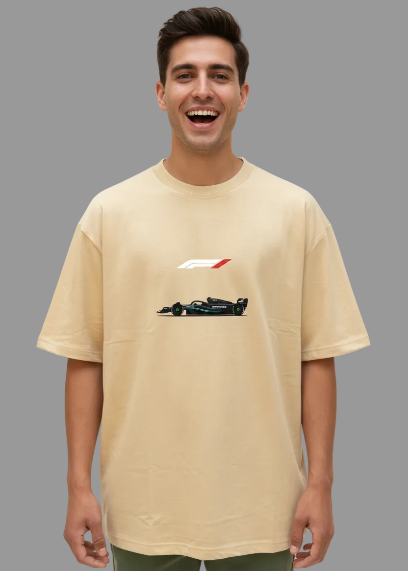 WYI Beige oversized t-shirt with a Formula 1 car graphic on a plain background