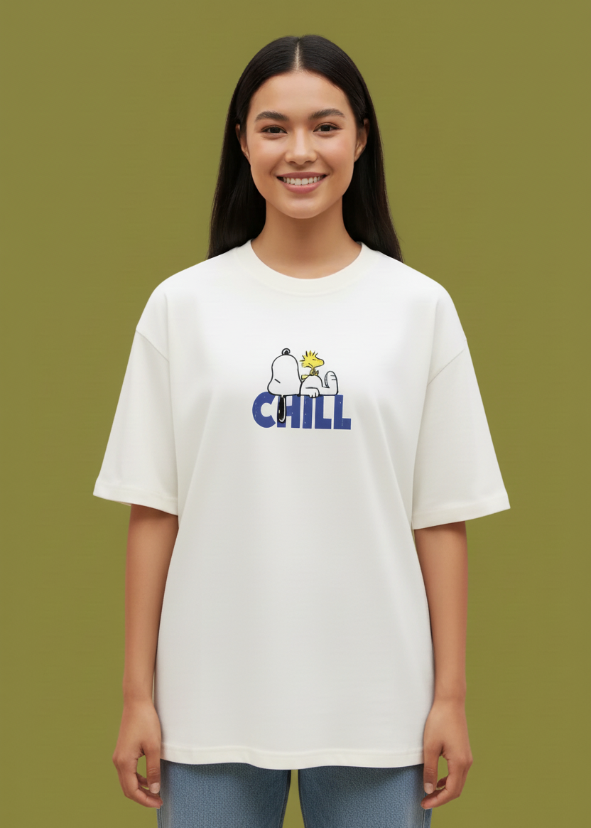 Person wearing a off-white t-shirt with a graphic design and text 'chill' on a green background