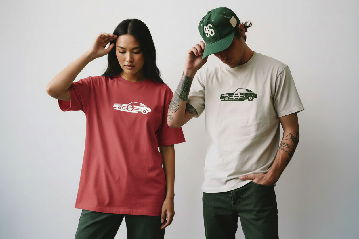 Male and female wearing a green cap with the number 46 and a wyi  white oversize t-shirt on a gray background