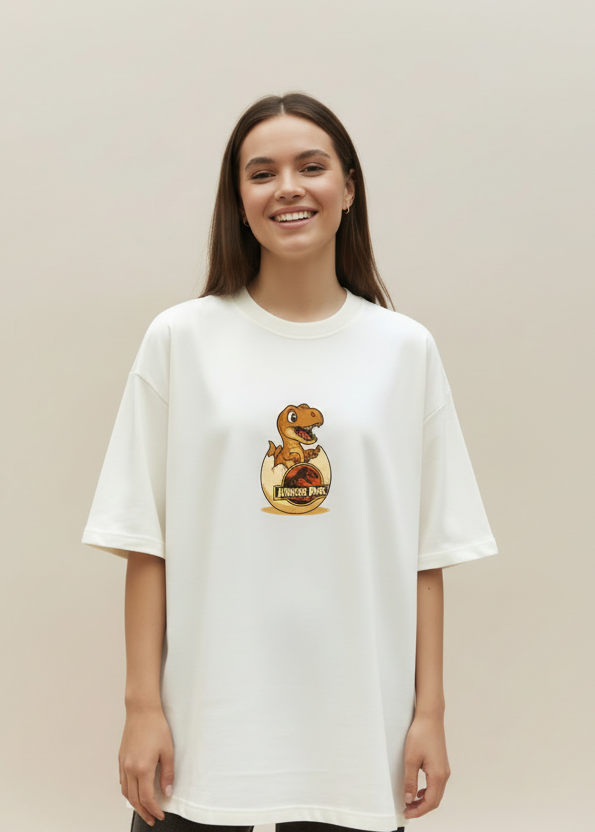 WYI Off White t-shirt with a dinosaur graphic and 'Jurassic Park' text on a brown background