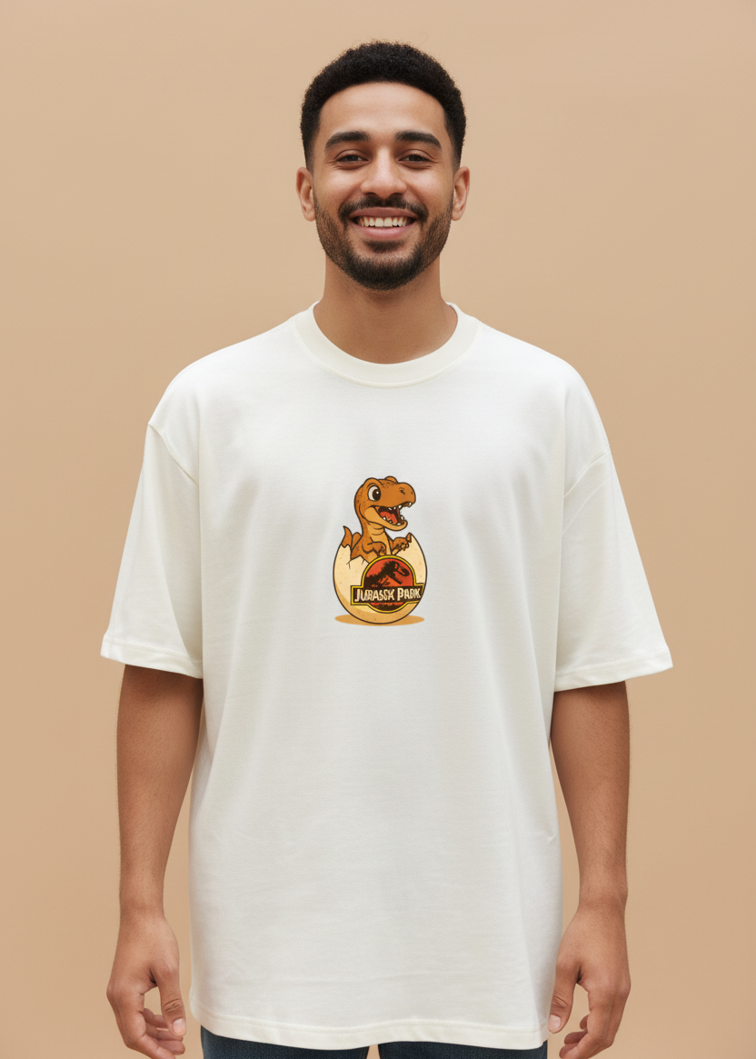 Wyi off-White t-shirt with a dinosaur graphic and 'Jurassic Park' text on a brown background