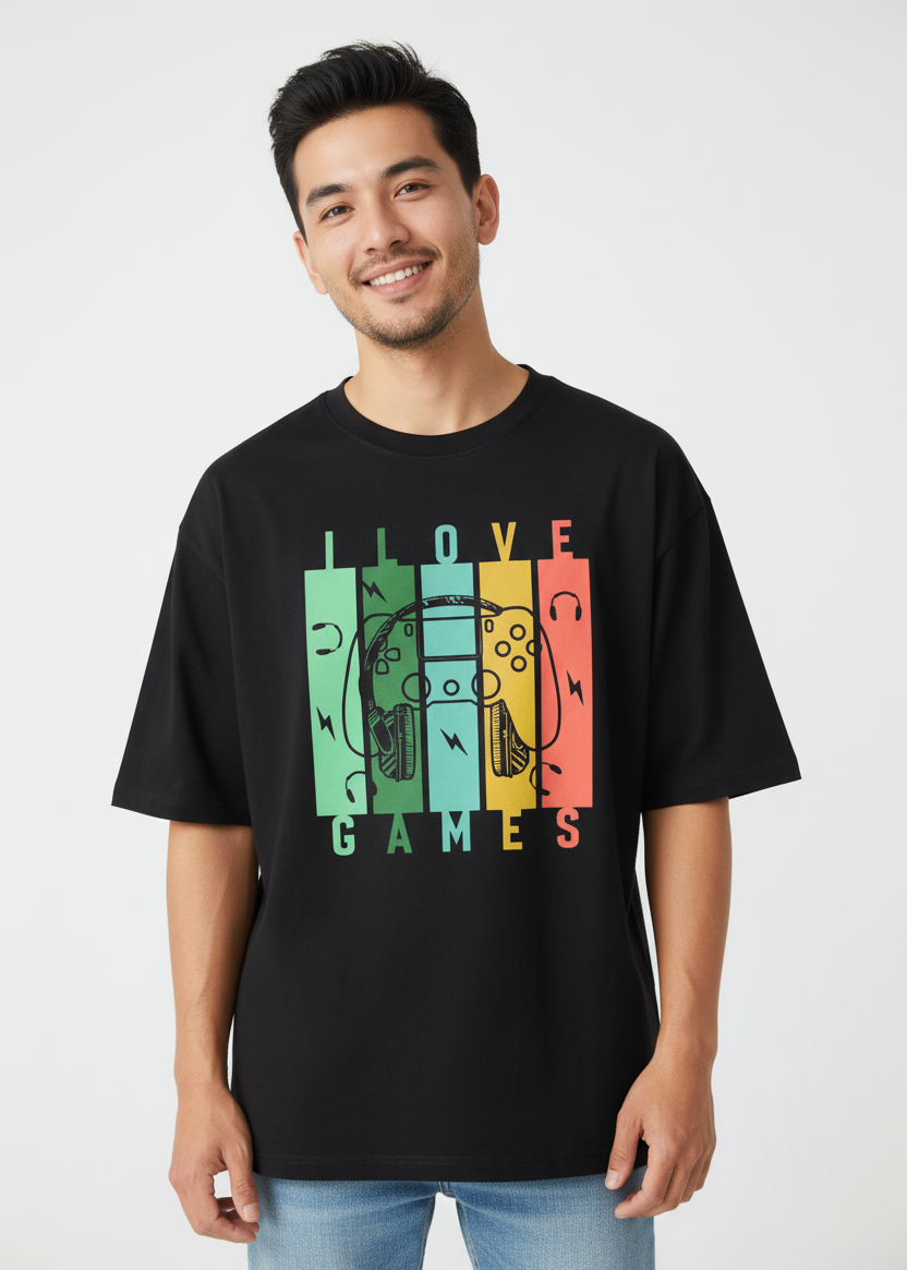 Person wearing a WYI black t-shirt with 'I Love Games' graphic design in a casual setting.