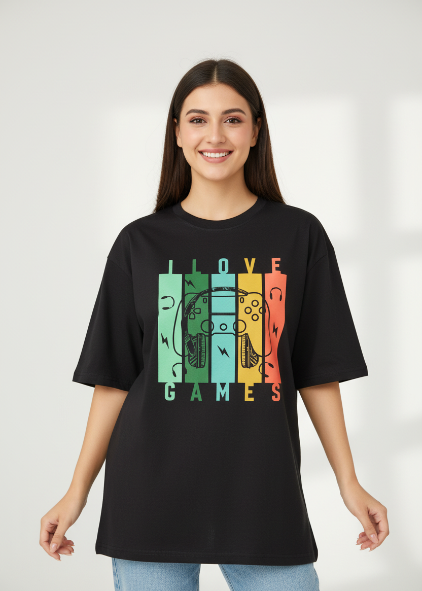 Female wearing a wyi black oversized t-shirt with 'I Love Games' graphic design in a casual setting.