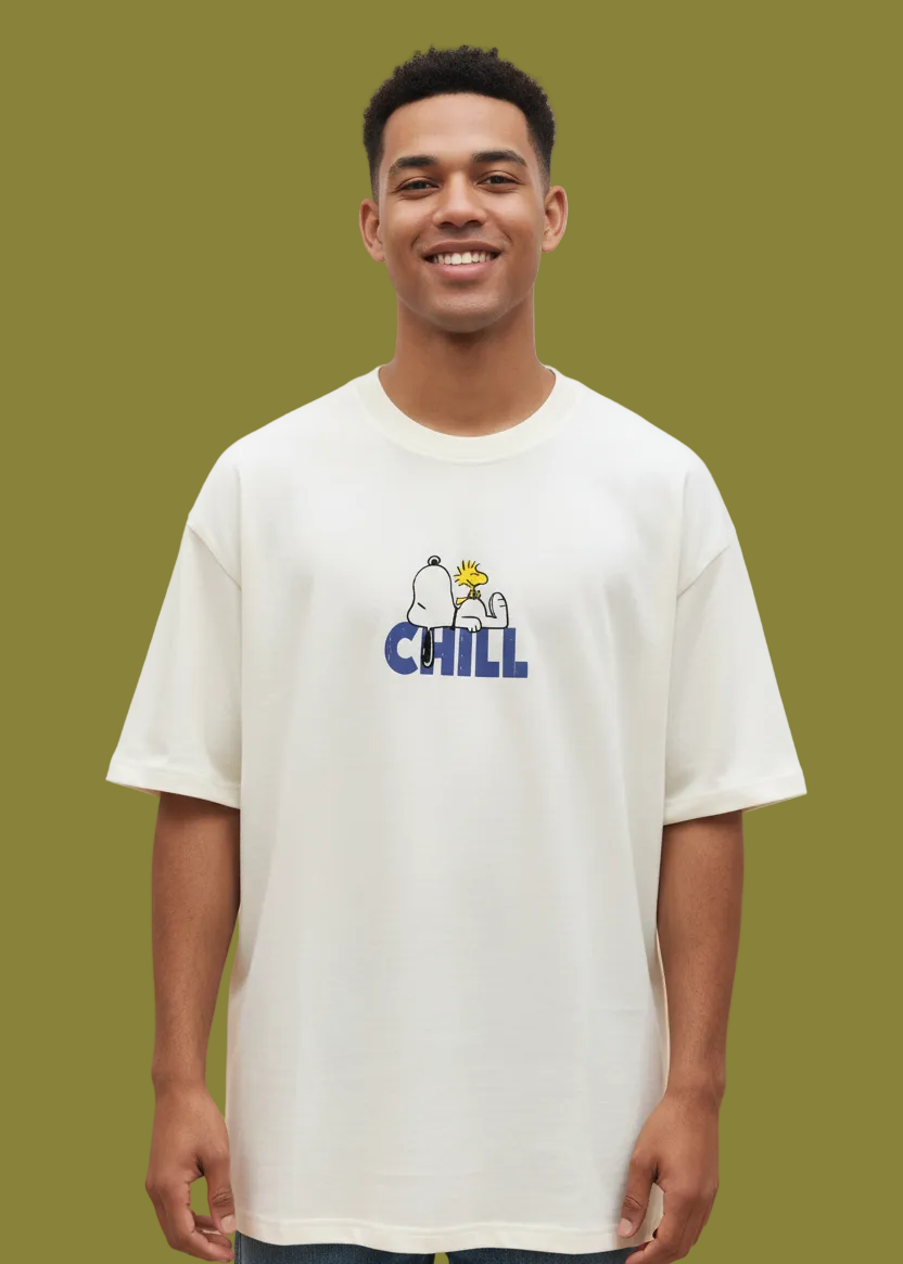WYI off white t-shirt with cartoon character and 'CHILL' text on a brown background