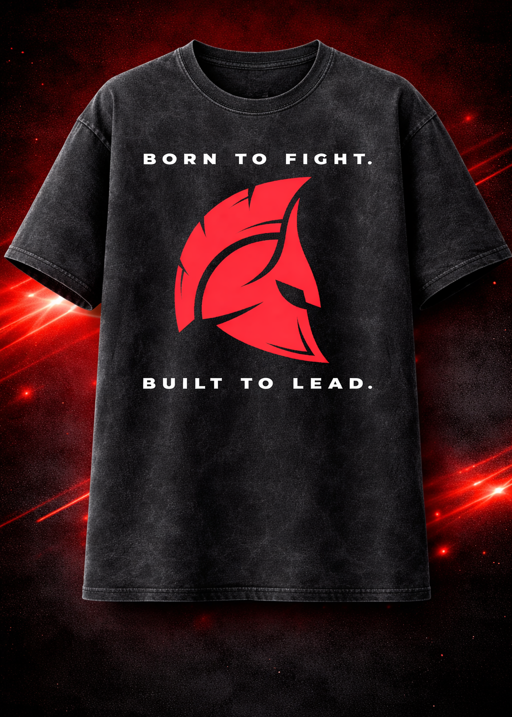 Black t-shirt with red graphic and text on a dark background