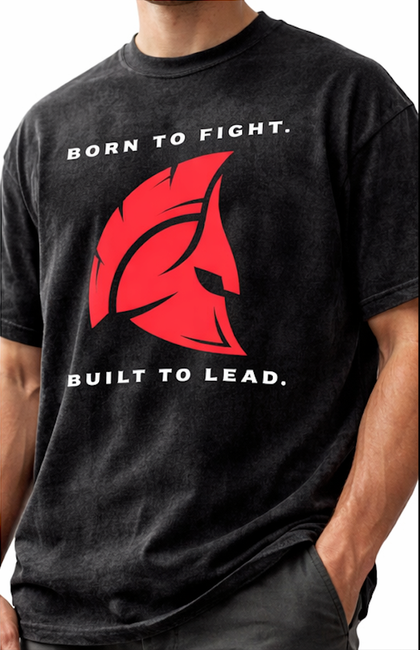 Black t-shirt with red graphic and white text on a person wearing it.