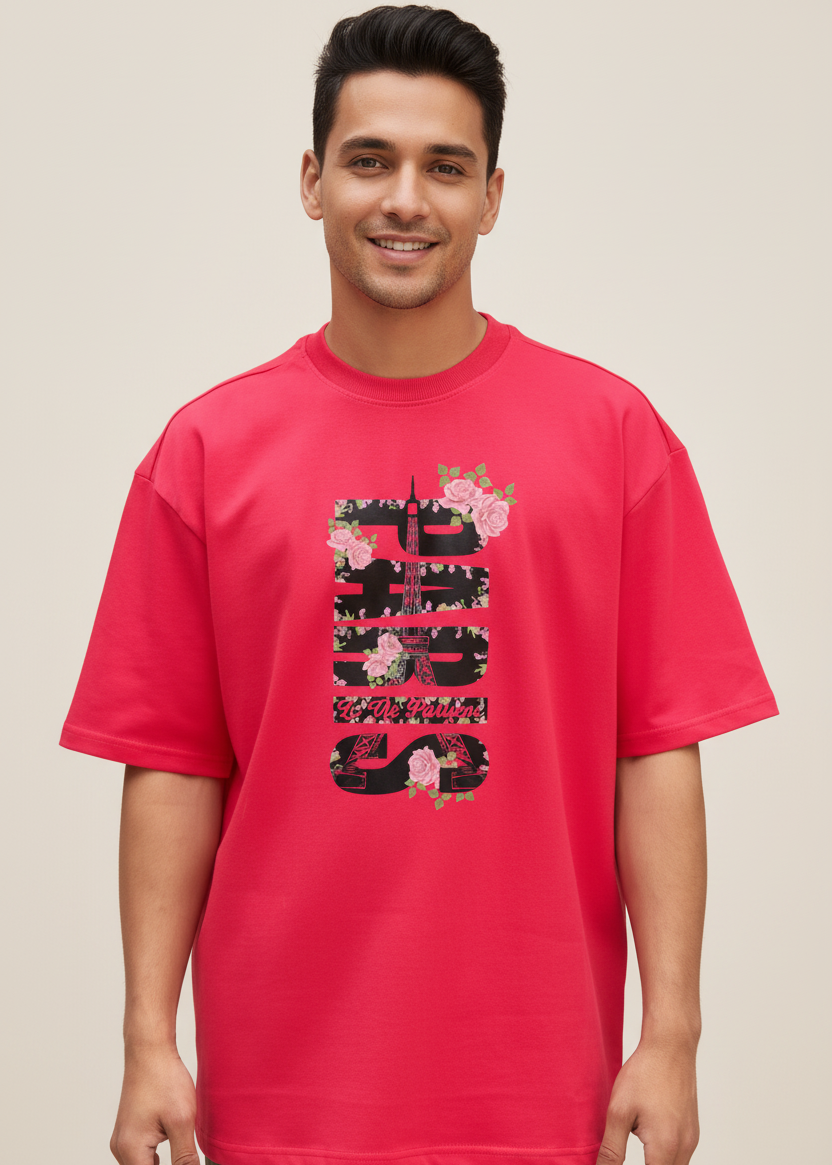 Person wearing a wyi bright red t-shirt with a graphic design on a brown background