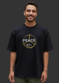 Black t-shirt with 'PEACE WYI' design on a brown background