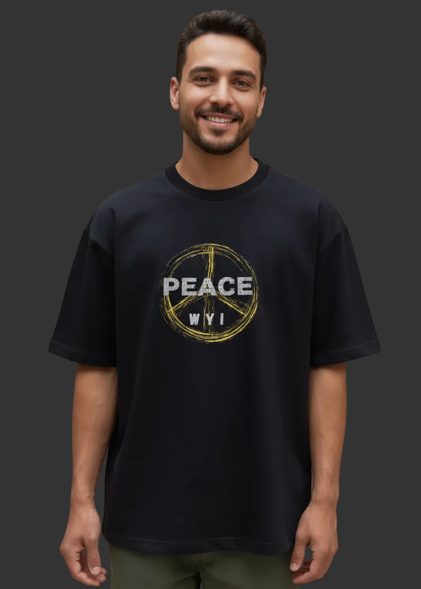 Black t-shirt with 'PEACE WYI' design on a brown background