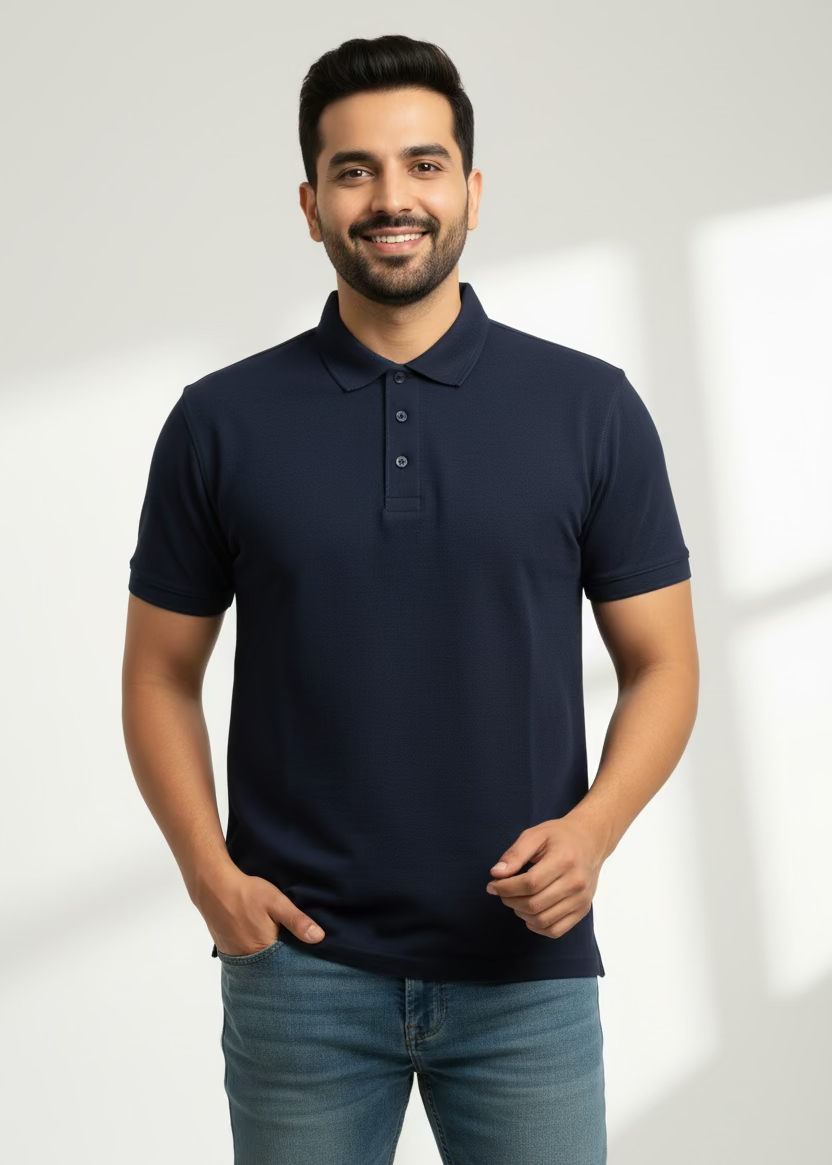 Man wearing a navy blue polo shirt standing in a bathroom.