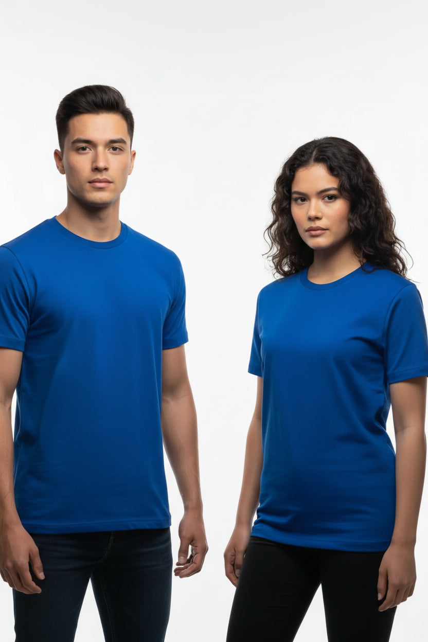 Male and female wearing wyi basics a blue t-shirt against a brown background