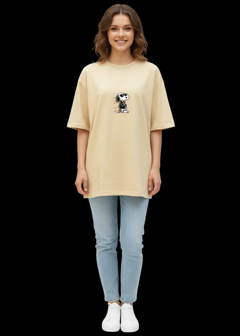 Woman wearing a wyi beige t-shirt with a small graphic on a black background