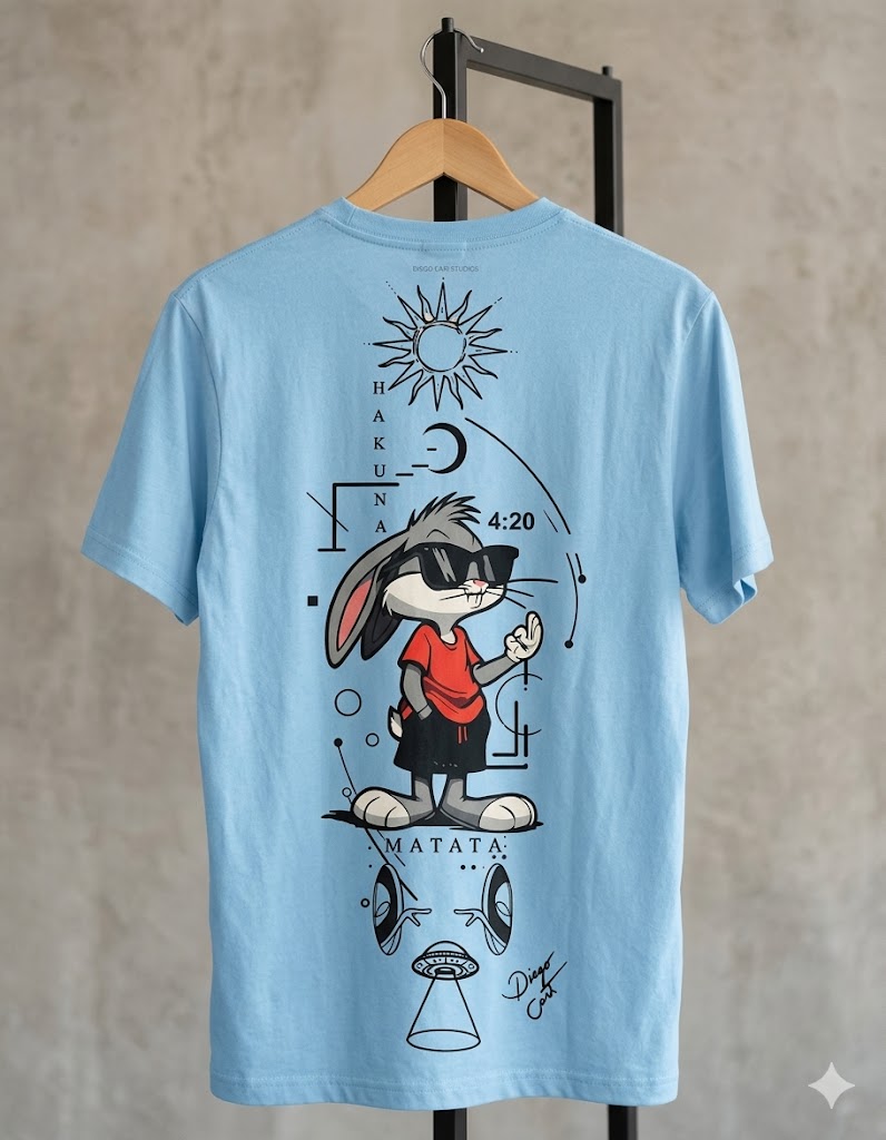 Light blue t-shirt with a graphic design of a character wearing sunglasses and a red shirt, on a wooden hanger against a beige wall.