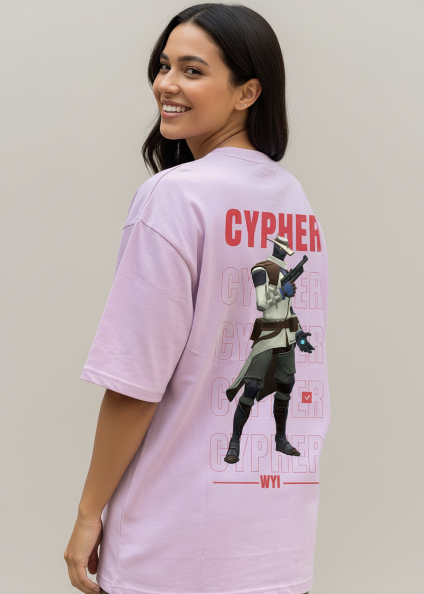Female model wearing a WYI lavendar  t-shirt with 'CYPHER' branding and graphic design on the back.