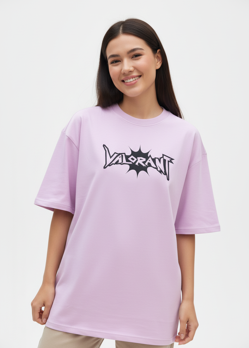 Female model wearing a WYI lavender valorant t-shirt with a front logo on a grey background